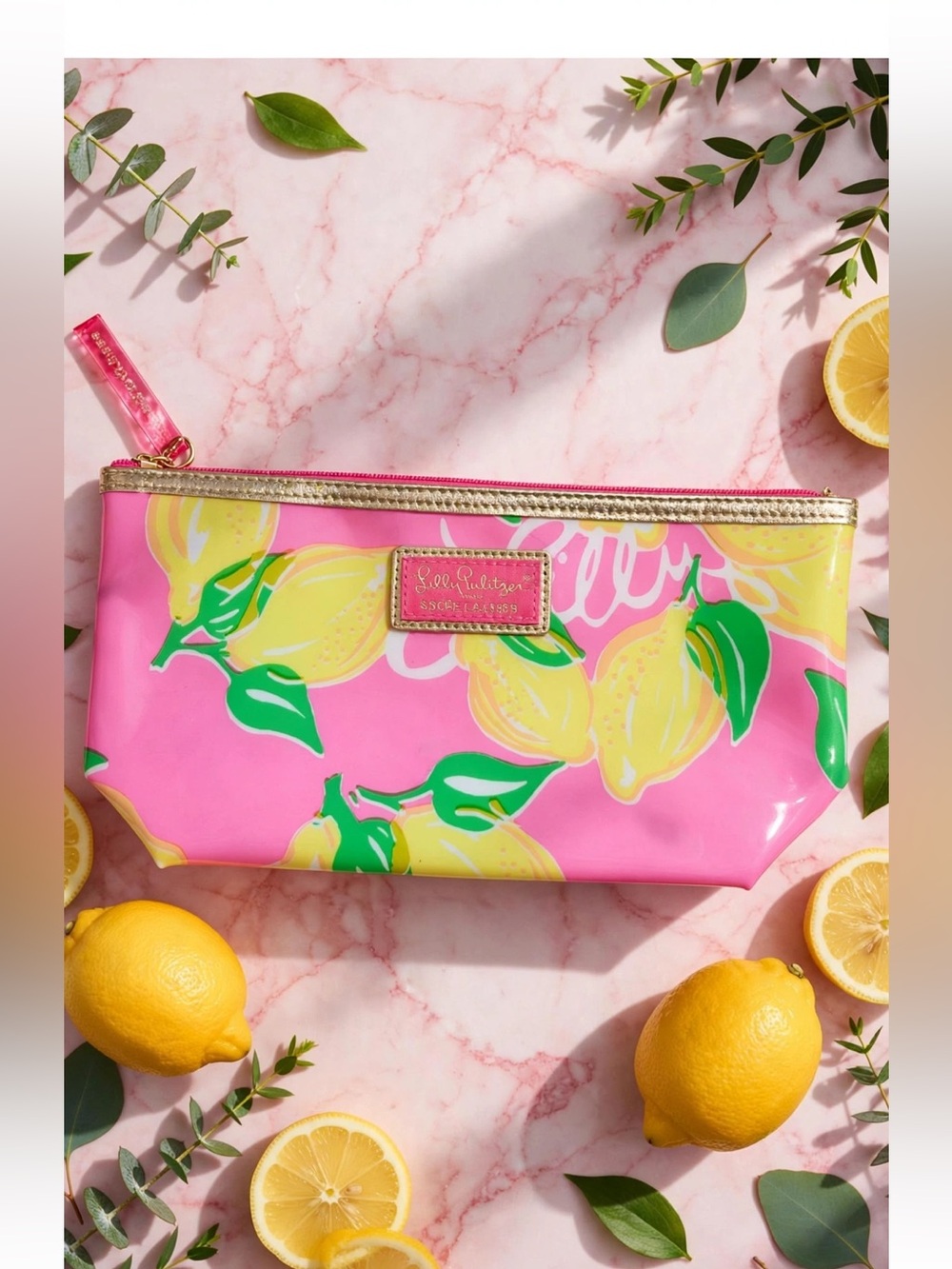 Lilly Pulitzer for Estée Lauder Pink Lemon Print Patent Cosmetic Pouch NWOT
